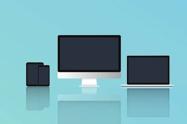 Vektor illustration dator, modern laptop, telefon, tablett på Blu — Stock vektor