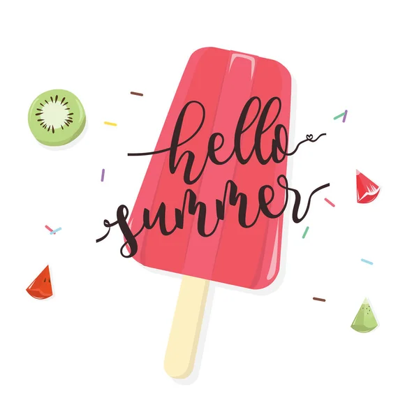 Helló nyár a gyümölcsök Popsicle fehér háttér. — Stock Vector