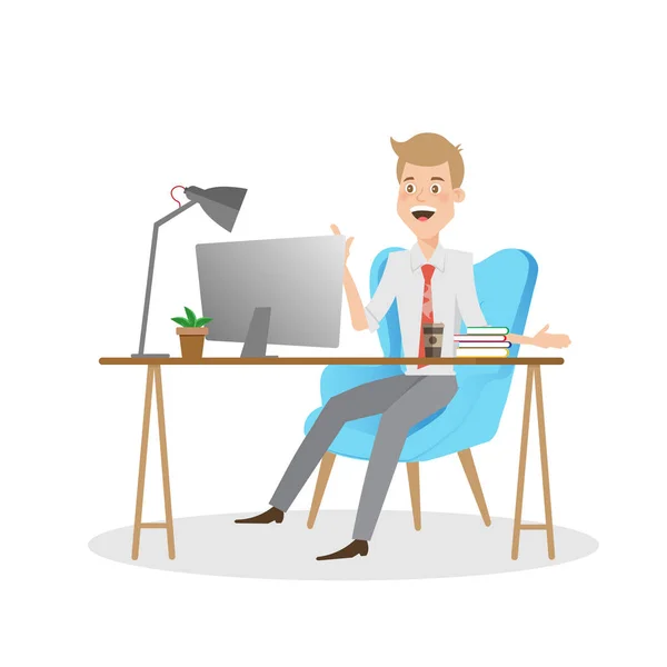 Business man working on computer at office desk. — Stock Vector
