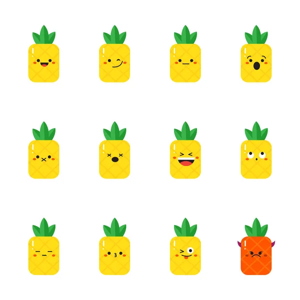 Ananas moderno set emoticon piatto — Vettoriale Stock