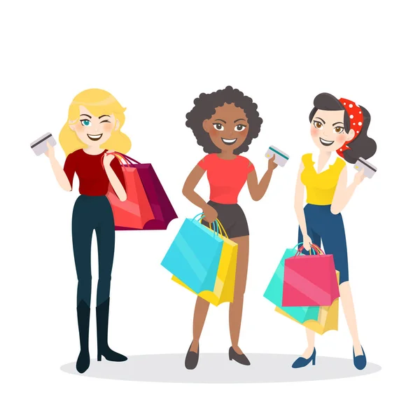 Grupa kobieta kreskówka z torbą na zakupy i karty kredytowej — Wektor stockowy