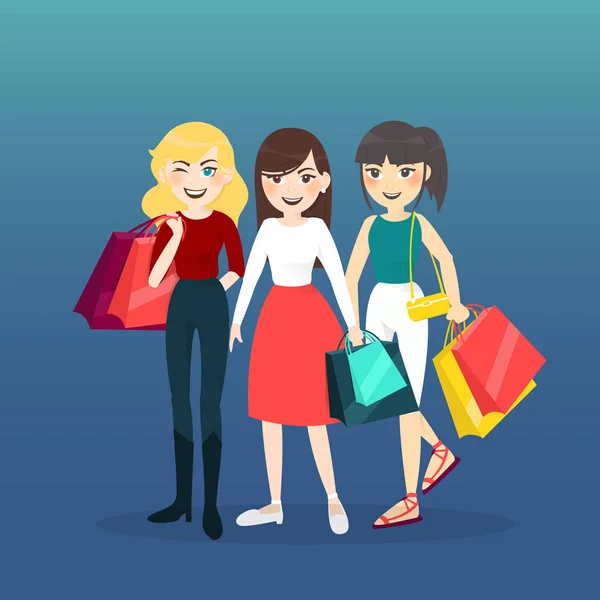 Grupa kobieta kreskówka z torbą na zakupy — Wektor stockowy