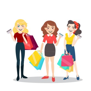 Çizgi film kadın grup alışveriş çantası ve kredi kartı ile