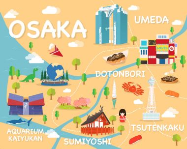 Osaka turistik Haritası vektör ve illüstrasyon.