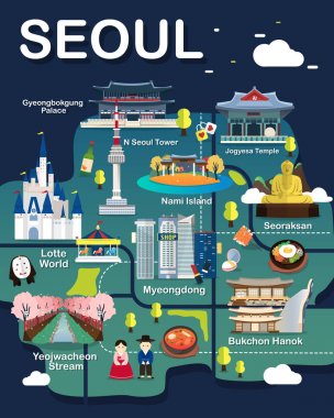 Seoul gezi Haritası vektör ve illüstrasyon.