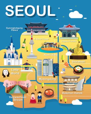 Seoul gezi Haritası vektör ve illüstrasyon.