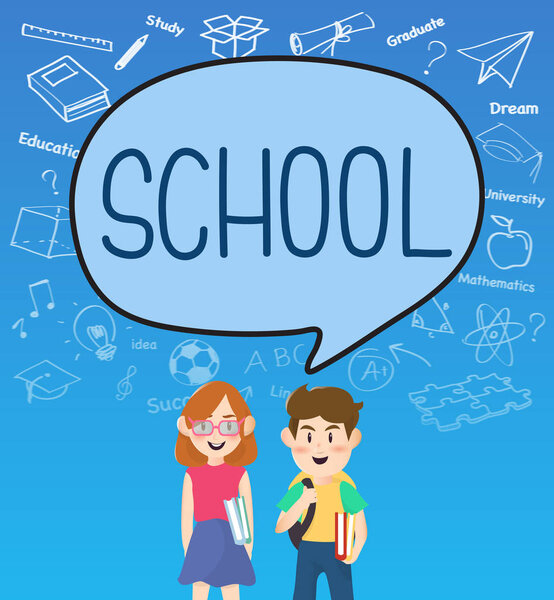 Girls and boys pupils with school on speakbubble.