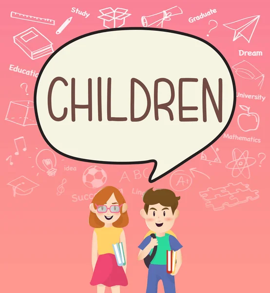 Niñas y niños alumnos con niños en speakbubble . — Vector de stock