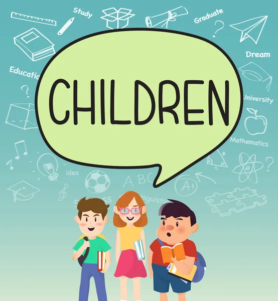 Niñas y niños alumnos con niños en speakbubble . — Vector de stock