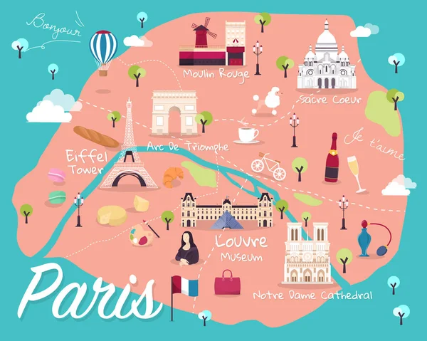Karte der Pariser Sehenswürdigkeiten Vektor und Illustration. — Stockvektor