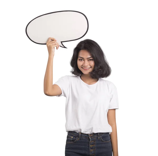 Asiática mujer celebración discurso burbuja — Foto de Stock