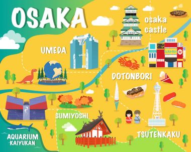 Renkli yerler Japonya illüstrasyon tasarımı ile Osaka Haritası