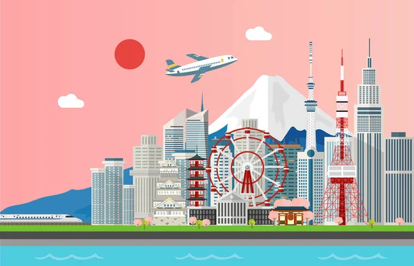 Sorprendentes atractivos turísticos para viajar en Tokio Japón diseño de ilustración — Archivo Imágenes Vectoriales