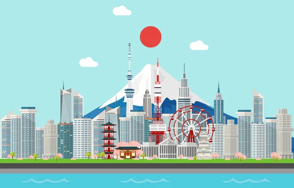 Incredibili attrattive turistiche per viaggiare a Tokyo Giappone illustrazione design — Vettoriale Stock