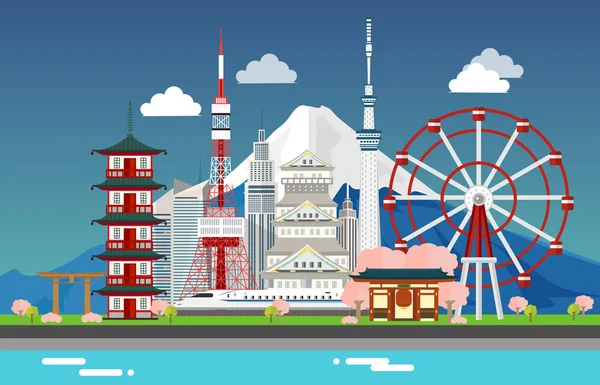 Erstaunliche touristische attraktionen für reisen in tokyo japan illustration design — Stockvektor