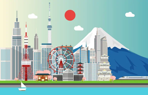 Incredibili attrattive turistiche per viaggiare a Tokyo Giappone illustrazione design — Vettoriale Stock