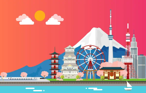 Csodálatos turista attrations részére utazótáska-ban Tokió japán Illustra-hoz — Stock Vector