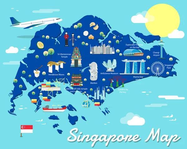 Singapur mapa con coloridos puntos de referencia diseño de la ilustración — Vector de stock