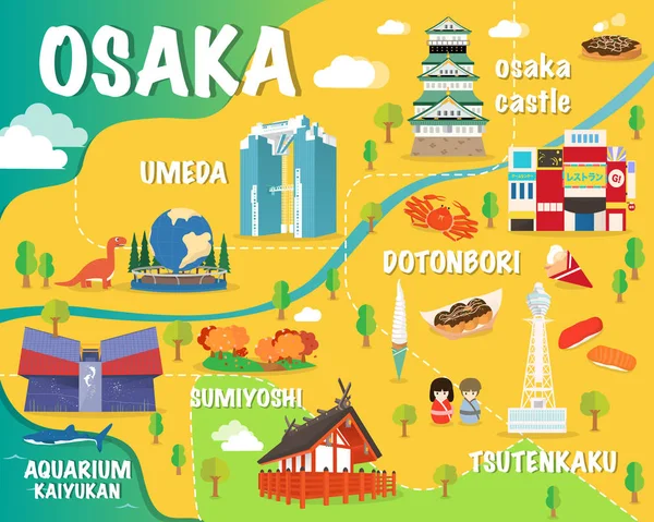 Renkli yerler Japonya illüstrasyon tasarımı ile Osaka Haritası