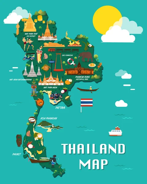 Thailand-Karte mit farbenfrohen Landmarken Illustration Design — Stockvektor