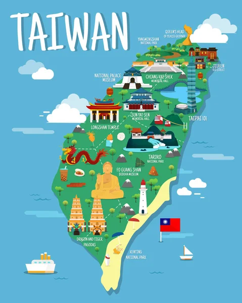 Taiwan mappa con colorfaul punti di riferimento illustrazione design — Vettoriale Stock