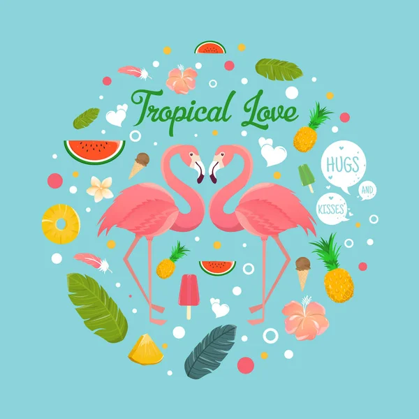 Flamingo para w ilustracja miłość tropikalnych lato — Wektor stockowy