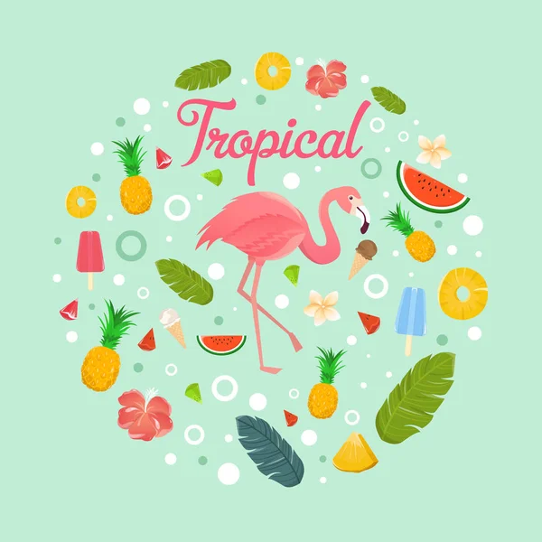 Flamingo met heerlijk fruit en desserts in de zomer licht gre — Stockvector