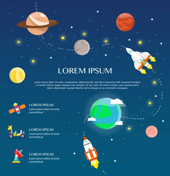 Cestování po sluneční soustavě od kosmické lodi infografika plochý desi — Stockový vektor