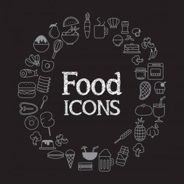 Infographic ve resimde siyah arka plan üzerine gıda Icons set