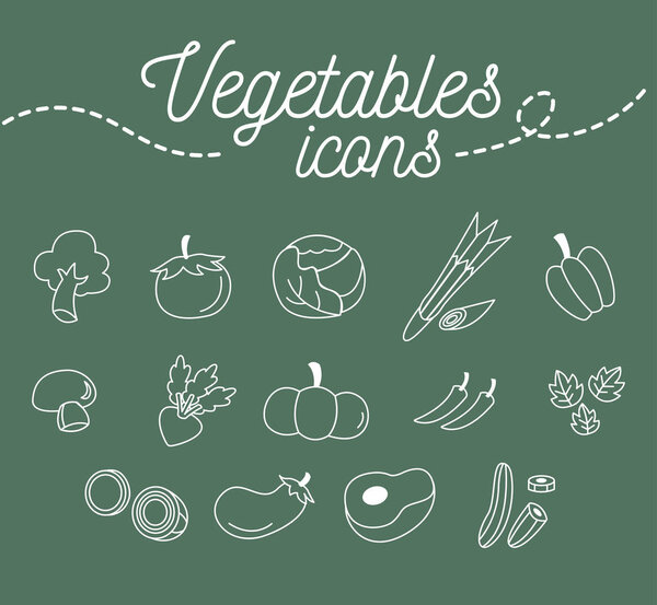 Иконки овощей настраивают иллюстрацию дизайна на зеленом фоне
