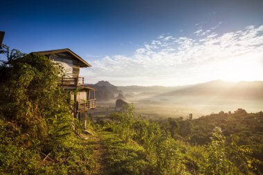 Ormanda güzel doğal sahne arasında ahşap ev