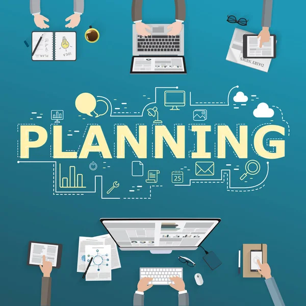 Planning pictogrammen en werkende mensen met technologie device.vector — Stockvector