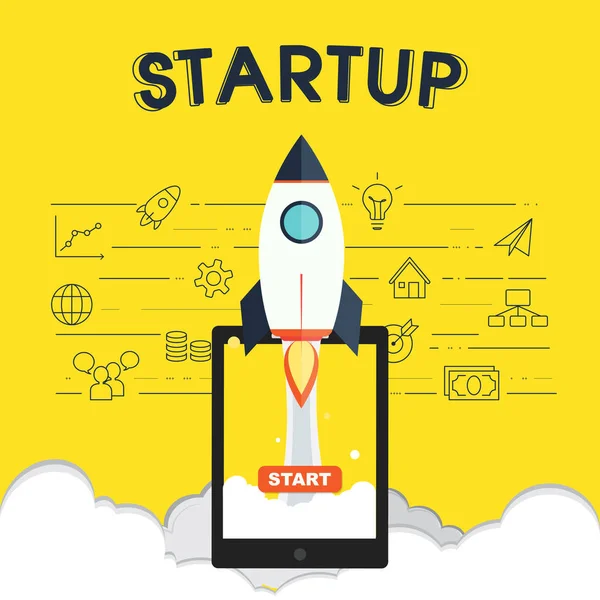 Start-up-Symbole mit Raketensymbol Illustration Design auf gelbem b — Stockvektor