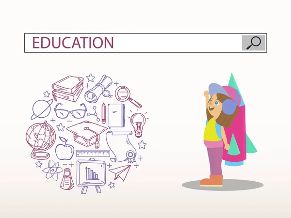 Маленькая девочка с ракетно-образовательной поисковой системой бар иллюстра — стоковый вектор