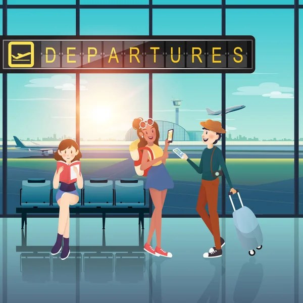 Mensen met vertrek tag op luchthaven vlakke design — Stockvector