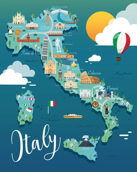 Italy map with attractive landmarks illustration.vector — Stock Vector