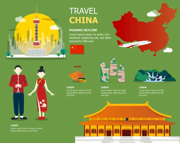 Mapa de la China y los iconos de referencia para viajar — Vector de stock