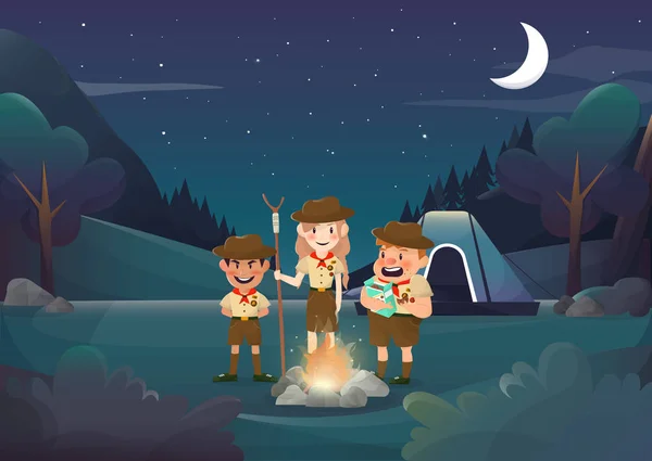 Trois éclaireurs campent pour l'activité dans la nuit illustration.vect — Image vectorielle