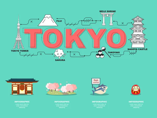 Ícones de referência atraentes para viajar em Tokyo.vector — Vetor de Stock