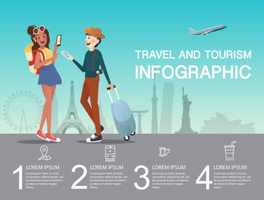 Man and girl planning at airport for traveling infographic clipart
