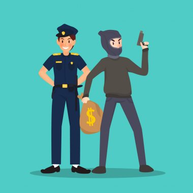 Polis ve gökyüzü mavi arka plan üzerinde farklı karakter hırsız