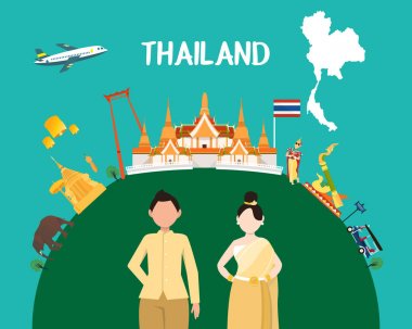 Traveling to Thailand by landmarks map illustration clipart