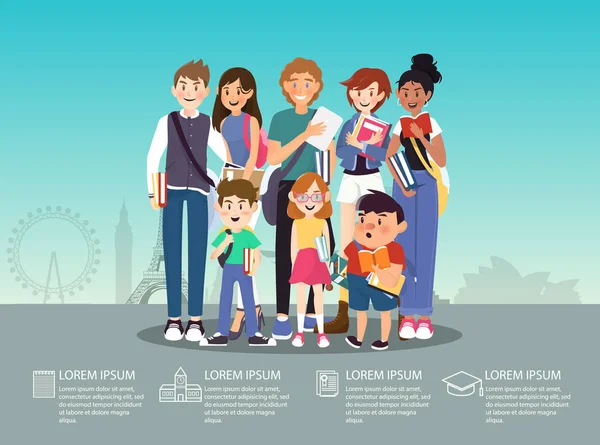 Groupe d'étudiants internationaux infographie flat design — Image vectorielle