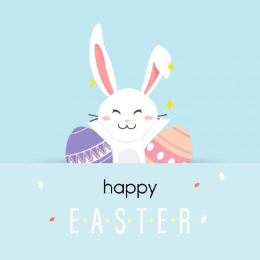 Mutlu Paskalya günü beyaz Paskalya tavşanı ile.