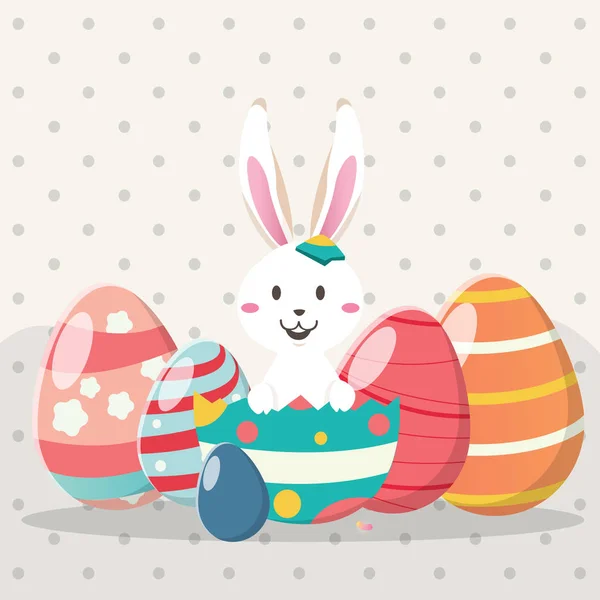 Feliz día de Pascua con conejo de Pascua blanco . — Vector de stock