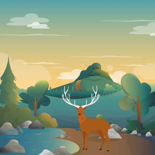 Jelen na illustration.vector pozadí lesa — Stockový vektor