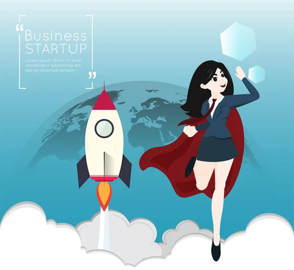 Supereroe business donna cartone animato per il concetto di start up . — Vettoriale Stock