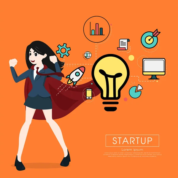 Superheld zakelijke vrouw cartoon voor start-up concept. — Stockvector