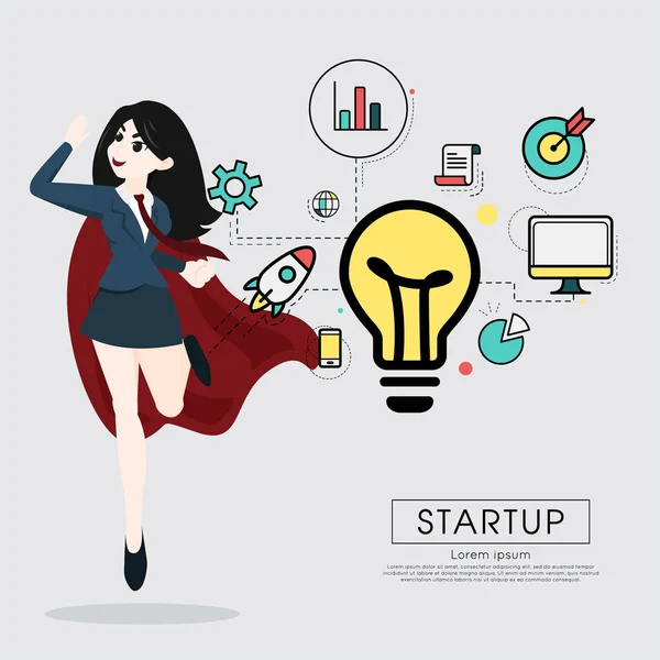 Superheld zakelijke vrouw cartoon voor start-up concept. — Stockvector