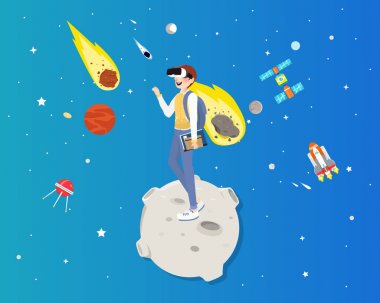 Evren kavramı içinde sanal gerçeklik gözlük takan adam